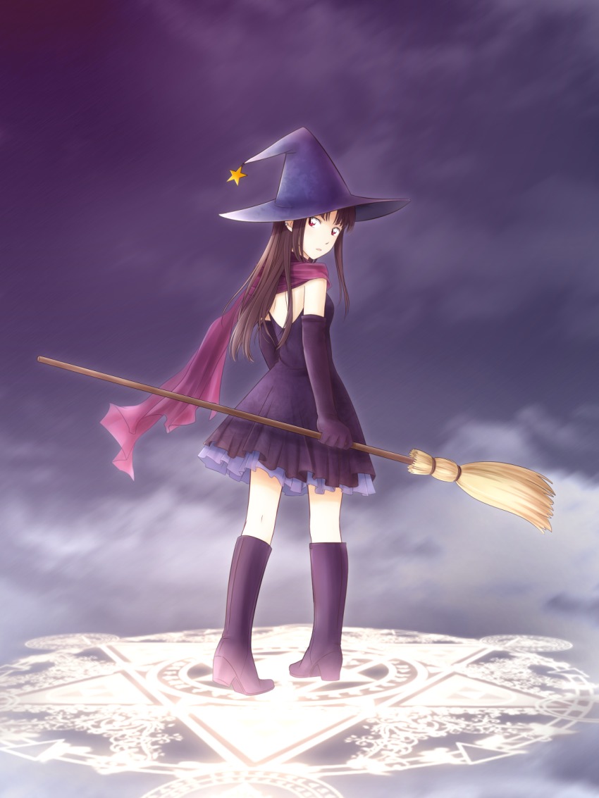 1girl arya_(tianhua) black_dress black_gloves black_hair boots dress elbow_gloves female_focus gloves hat highres koizumi_akako long_hair looking_at_viewer magic magic_kaito purple_scarf red_eyes scarf solo witch_hat