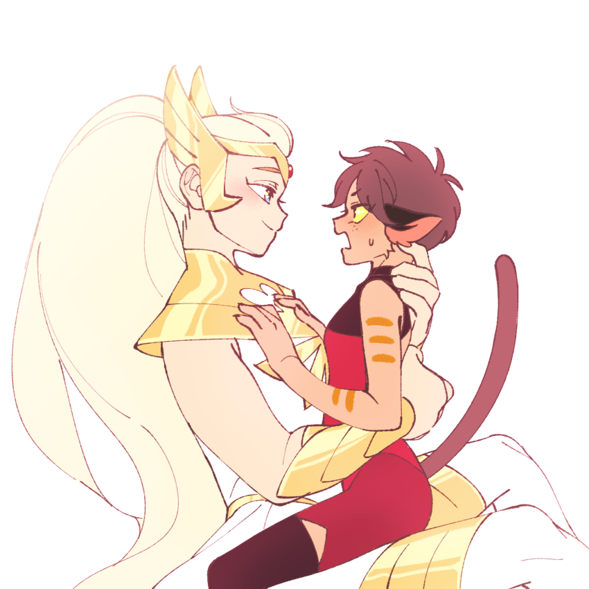 2girls adora_(she-ra) animal_ears arms_around_waist blonde_hair blue_eyes bracer cat_ears cat_girl cat_tail catra couple eye_contact highres long_hair looking_at_another masters_of_the_universe multiple_girls ponytail she-ra_and_the_princesses_of_power short_hair simple_background sitting sitting_on_lap sitting_on_person size_difference sleeveless smile spoilers su_ggushi tail tall_female tiara very_long_hair white_background winged_hair_ornament yuri