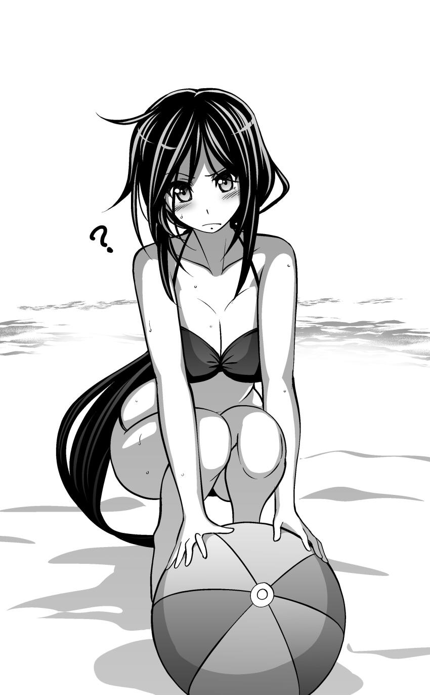 1girl absurdres ball bare_shoulders beach bikini black_bikini black_hair blush breasts chaos;child cleavage collarbone eibon greyscale highres holding holding_ball kunosato_mio large_breasts long_hair looking_at_viewer medium_breasts monochrome solo squatting swimsuit very_long_hair