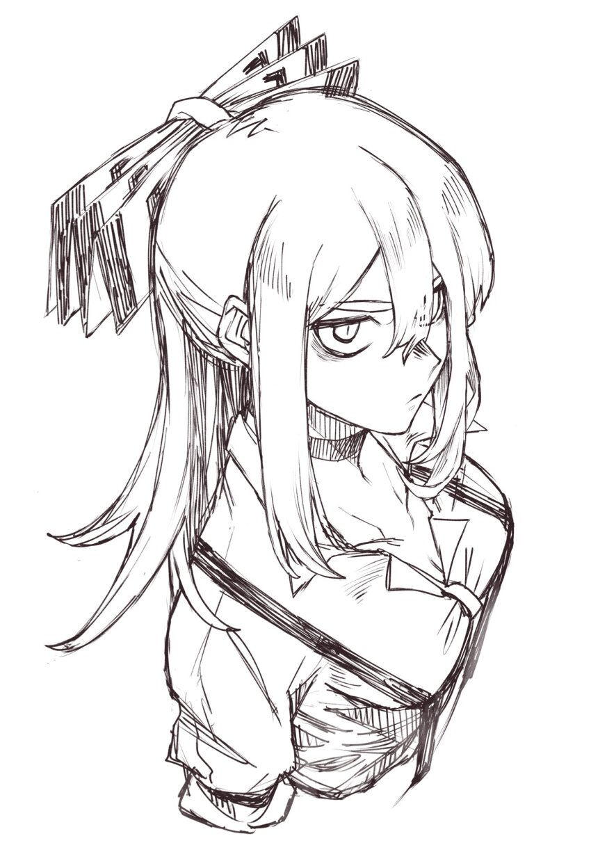 1girl akino_tsuki bow choker closed_mouth collared_shirt commentary_request cropped_torso fujiwara_no_mokou greyscale hair_between_eyes hair_bow highres long_hair monochrome shirt sidelocks simple_background sketch solo suspenders touhou white_background white_shirt
