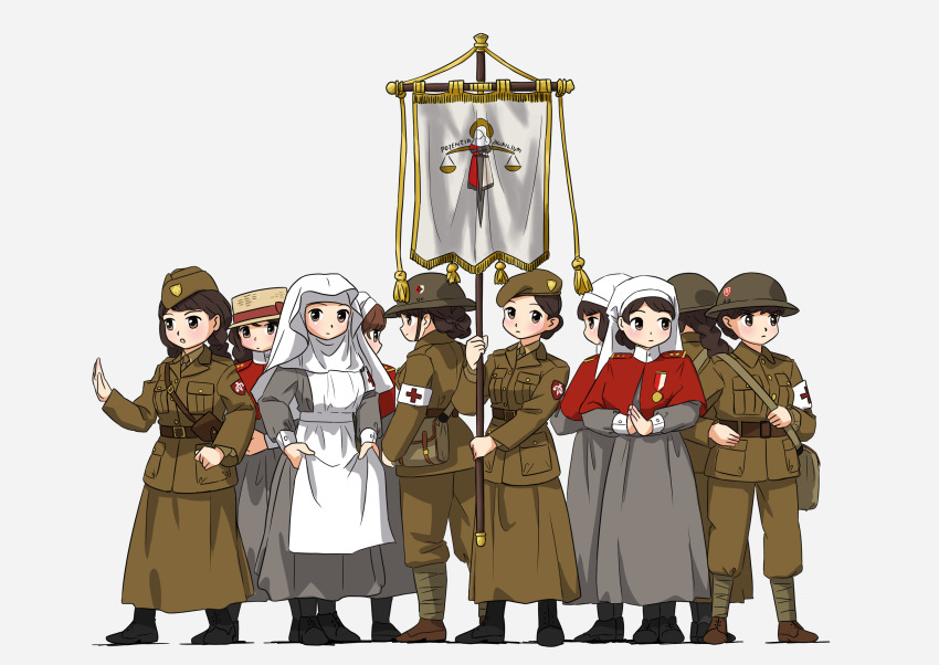 6+girls armband braid brown_eyes brown_hair brown_shoes clothing_request dated_commentary hat highres holding military_hat military_uniform multiple_girls original rogi0615 shoes simple_background skirt