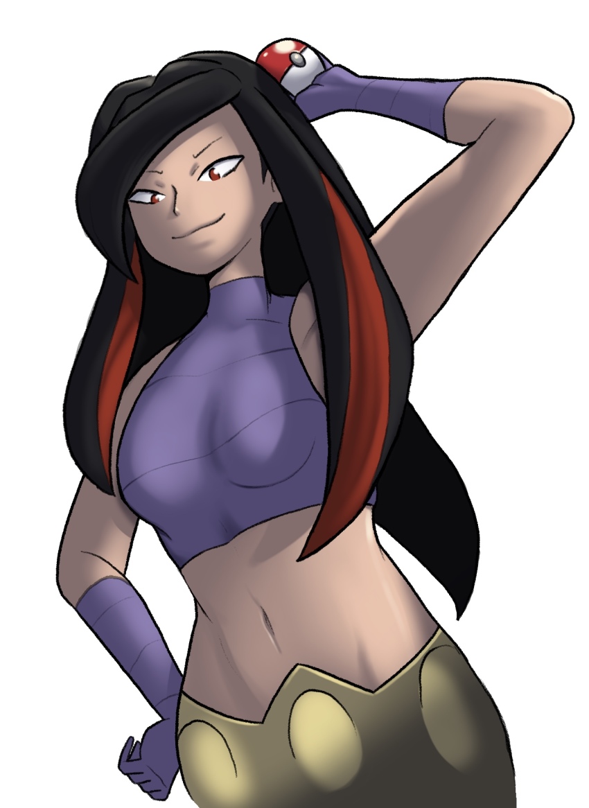 belt black_hair colorized crop_top drawfag frontier_brain gloves highres long_hair lucy_(pokemon) midriff multicolored_hair navel nintendo poke_ball pokemon pokemon_emerald pokemon_rse red_eyes red_hair simple_background sketch smirk third-party_edit
