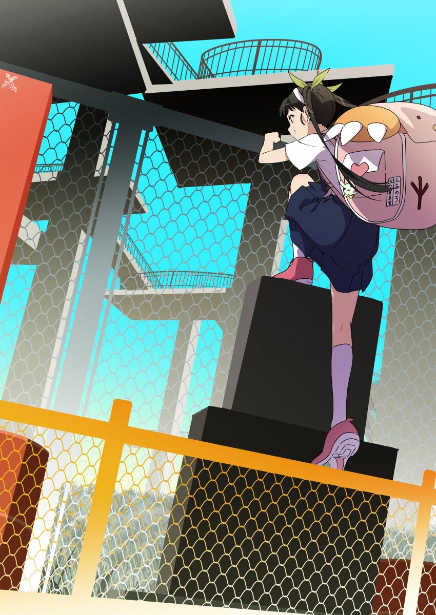 1girl absurdres architecture artist_logo backpack bag black_skirt blue_sky chain-link_fence climbing fence from_behind full_body green_ribbon hachikuji_mayoi hair_ribbon highres in-universe_location kneepits logo long_hair makicha_(sasurainopink) meiji_centennial_observation_tower monogatari_(series) pink_bag platform railing ribbon shirt shoe_soles shoes skirt sky smile solo twintails white_shirt