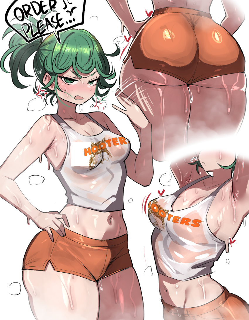1girl absurdres anger_vein armpits ass bouncing_breasts breasts clothes_writing dripping english_text geulimykun_(skbyunea413) green_eyes green_hair hand_on_own_hip heart highres hooters hot medium_breasts medium_hair motion_lines multiple_views navel one-punch_man open_mouth orange_shorts ponytail short_shorts shorts simple_background speech_bubble steaming_body sweat sweaty_clothes tank_top tatsumaki thick_thighs thighs underbutt v-shaped_eyebrows very_sweaty white_background white_tank_top