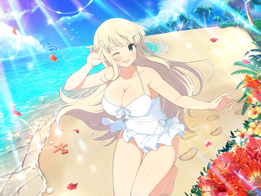 1girl :d aqua_eyes bare_shoulders barefoot beach bird blonde_hair blue_sky blush boat bow breasts cleavage cloud coconut coconut_tree collarbone crab day falling_petals flower flower_on_liquid footprints grass hair_ornament hairclip hibiscus highres horizon large_breasts lens_flare light_particles light_rays long_hair looking_at_viewer mountain mountainous_horizon ocean official_art one-piece_swimsuit one_eye_closed open_mouth orange_flower outdoors palm_leaf palm_tree petals plant red_flower ribbon sailboat sand seagull seashell senran_kagura senran_kagura_new_link senran_kagura_shoujo-tachi_no_shin&#039;ei shell shielding shiny_skin sky smile solo sparkle standing standing_on_one_leg starfish sunbeam sunlight swimsuit swimsuit_skirt thigh_gap tree tropical water watercraft white_bow white_flower white_one-piece_swimsuit white_ribbon yaegashi_nan yellow_flower yomi_(senran_kagura)