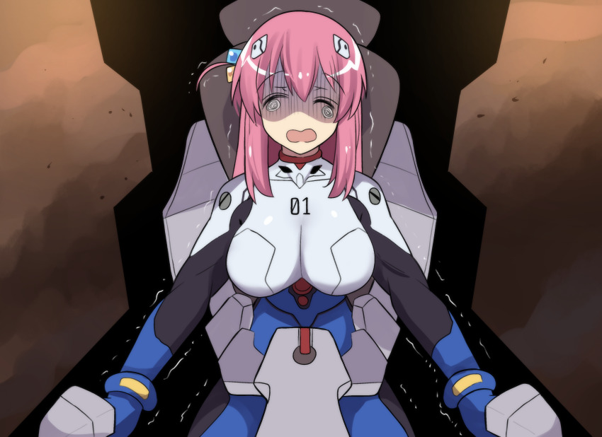 1girl 6_9 :o absurdres alternate_costume bocchi_the_rock! breasts cockpit commentary cosplay cube_hair_ornament english_commentary entry_plug gloom_(expression) gotoh_hitori hair_between_eyes hair_ornament highres hinghoi ikari_shinji_(cosplay) interface_headset_(evangelion) large_breasts long_hair long_sleeves looking_at_viewer mecha_pilot_suit meme neon_genesis_evangelion one_side_up pilot_suit piloting pink_hair plugsuit_(evangelion) rebuild_of_evangelion scared shaded_face sidelocks solo trembling two-tone_bodysuit