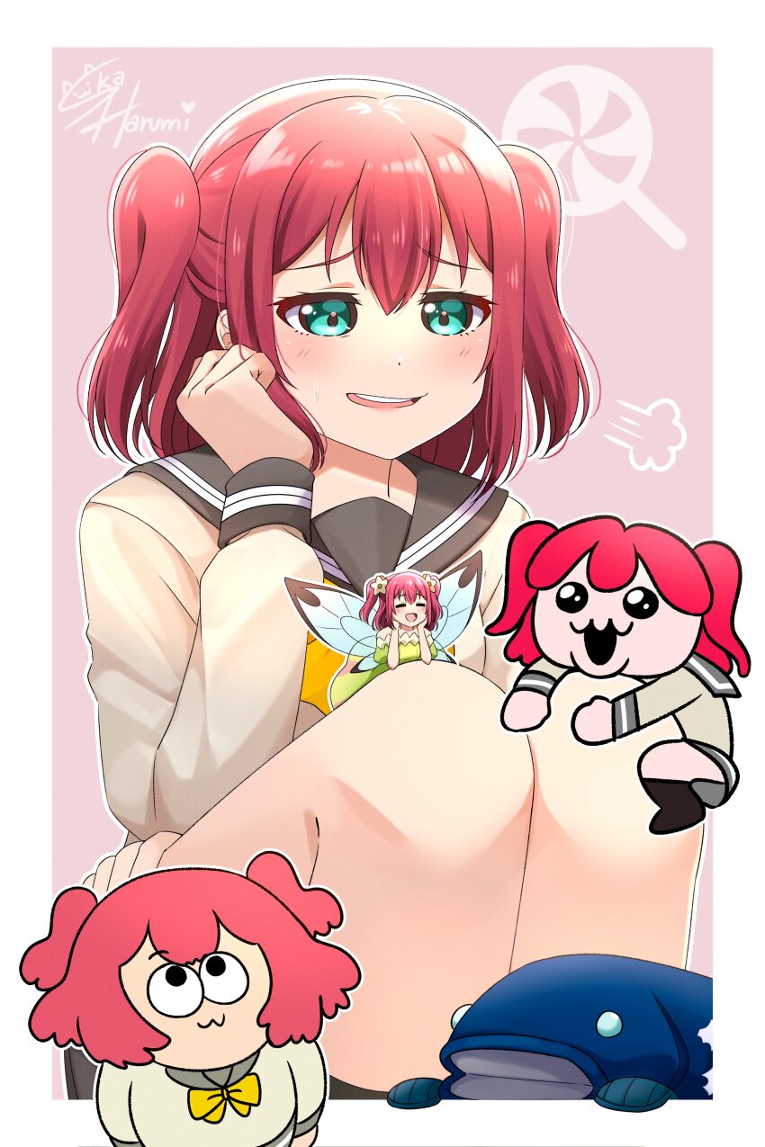 4girls :3 absurdres aqua_eyes artist_name border bow bowtie chibi closed_mouth commentary cotton_candy_ei-ei-oh! feet_out_of_frame genjitsu_no_yohane grey_sailor_collar half-closed_eyes hands_on_own_cheeks hands_on_own_face highres kawaisouni!_(onkun_suko)_(style) knees_up kurosawa_ruby long_sleeves love_live! love_live!_sunshine!! medium_hair multiple_girls multiple_persona multiple_style_parody official_style open_mouth outline outside_border own_hands_together parody pink_background puff_of_air red_hair ruby_(genjitsu_no_yohane) sailor_collar school_uniform serafuku shirt signature sitting ska.harumi stuffed_animal stuffed_fish stuffed_toy style_parody teeth two_side_up upper_teeth_only uranohoshi_school_uniform white_border white_outline white_shirt winter_uniform yellow_bow yellow_bowtie
