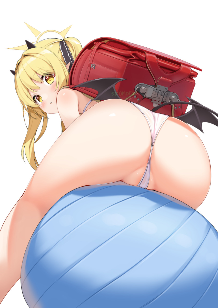 1girl ass backpack bag bikini black_horns black_ribbon black_wings blonde_hair blue_archive demon_tail demon_wings flat_chest from_behind hair_ribbon halo highres horns ibuki_(blue_archive) loli looking_at_viewer looking_back micro_bikini randoseru ribbon simple_background sironora solo swimsuit tail white_background wings yellow_eyes yellow_halo