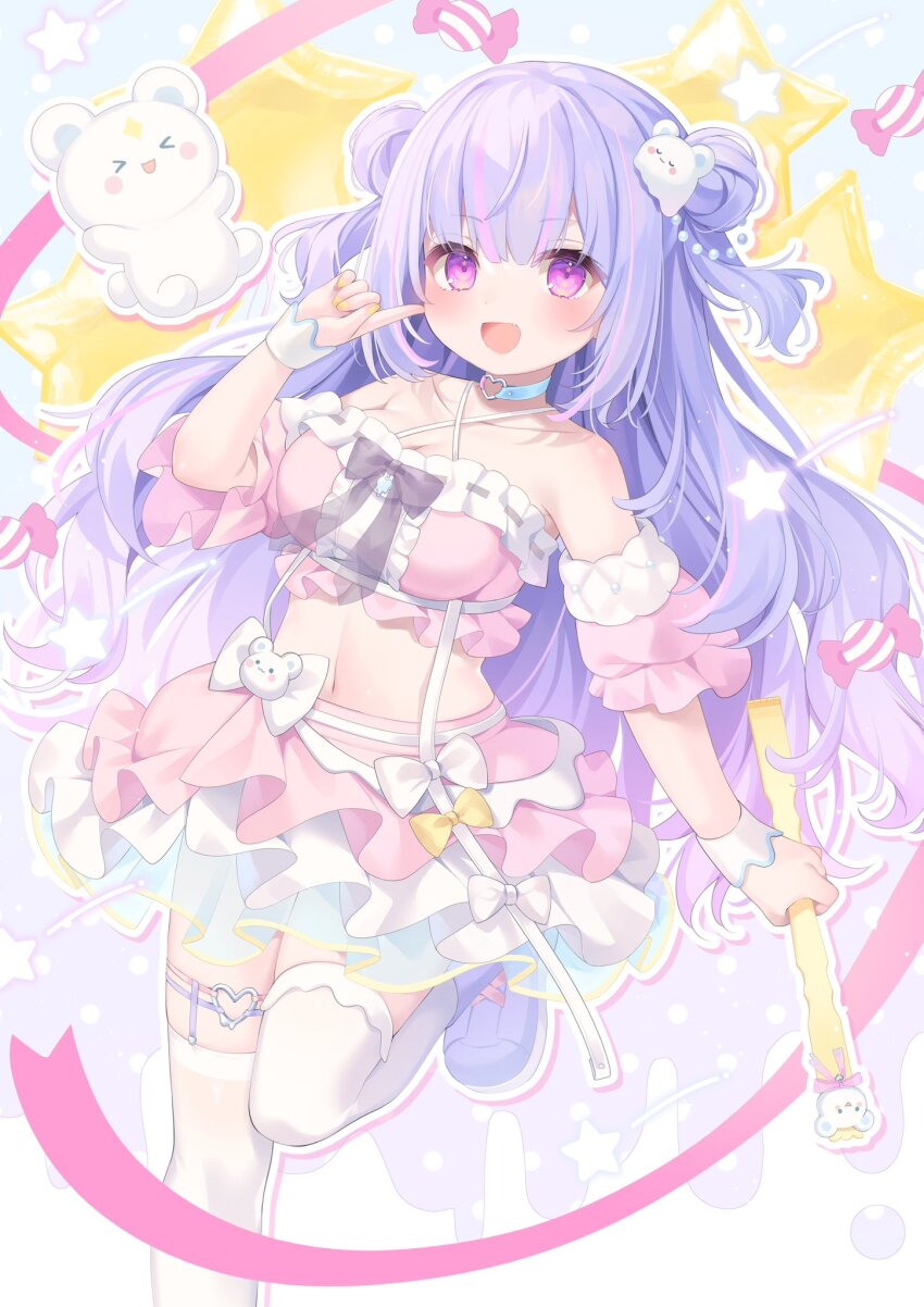 1girl :d animal arm_cuffs armpit_crease asymmetrical_legwear blue_choker blue_skirt blush bow bow_bra bra breasts candy child choker cleavage collarbone dot_nose double_bun fang food frilled_bra frilled_skirt frills from_front gradient_hair hair_bun hair_ornament halterneck heart heart_choker highres holding holding_wand hoshifuru_ameru large_breasts layered_skirt leg_up long_hair magical_girl mascot multicolored_hair navel nnu official_art open_mouth outline over-kneehighs pink_eyes pink_theme pointing pointing_at_self polka_dot polka_dot_background purple_bow purple_hair purple_shoes purple_theme ribbon_trim shoes shooting_star sidelocks skirt sleeve_cuffs smile solo standing standing_on_one_leg star_(symbol) streaked_hair sweets tagme thigh_strap thighhighs transparent_bow underwear very_long_hair virtual_youtuber wand white_bow white_over-kneehighs white_skirt wrist_cuffs yellow_bow yellow_nails