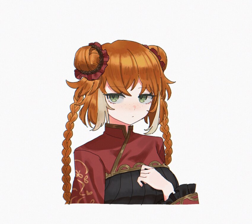 1girl 68oljg black_dress braid chinese_clothes double_bun dress family_hierarch_candidate_(identity)_(project_moon) freckles hair_bun highres ishmael_(project_moon) limbus_company long_hair looking_at_viewer multicolored_hair orange_hair project_moon red_shrug simple_background solo streaked_hair twin_braids upper_body very_long_hair white_background white_hair