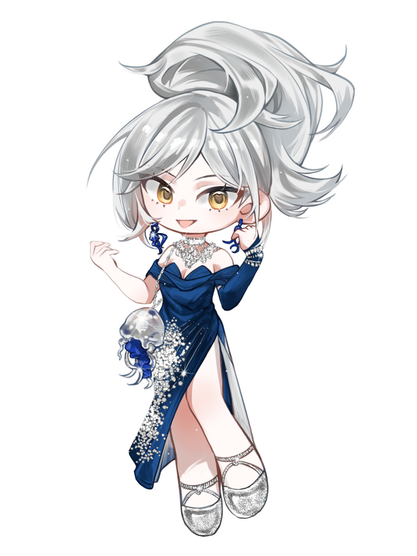 1girl :d absurdres bag bare_shoulders blue_bridal_gauntlets blue_dress breasts bridal_gauntlets chilizi cleavage deformed dress eternity_(reverse:1999) full_body grey_bag grey_footwear high_ponytail highres jellyfish_earrings jewelry long_dress looking_at_viewer medium_hair necklace off_shoulder open_mouth ponytail reverse:1999 shoulder_bag side_slit single_bare_arm single_bridal_gauntlet smile solo standing white_background white_hair yellow_eyes
