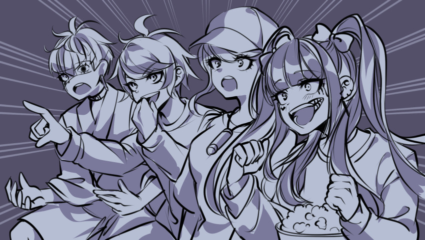 2boys 2girls ahoge amemiya_darumi baseball_cap blush collar eyelashes eyepatch food gaijin_4koma_(meme) greyscale hand_up hands_up hat heart highres japanese_clothes jewelry kawana_tsubasa makeup meme messy_hair monochrome multiple_boys multiple_girls necklace omokage_yugamu one_eye_covered open_mouth popcorn runny_makeup sumino_takumi teeth the_hundred_line_-last_defense_academy- upper_body upper_teeth_only
