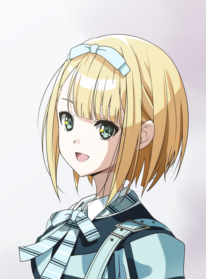 1girl 22/7 :d blonde_hair bow bow_hairband bowtie dress green_eyes hair_bow hairband highres kamisama_datte_kimerarenai looking_at_viewer looking_to_the_side matsubokkurin227 multicolored_dress open_mouth portrait saito_nicole short_hair sidelocks smile solo striped_bow striped_bowtie striped_clothes swept_bangs white_bow white_hairband