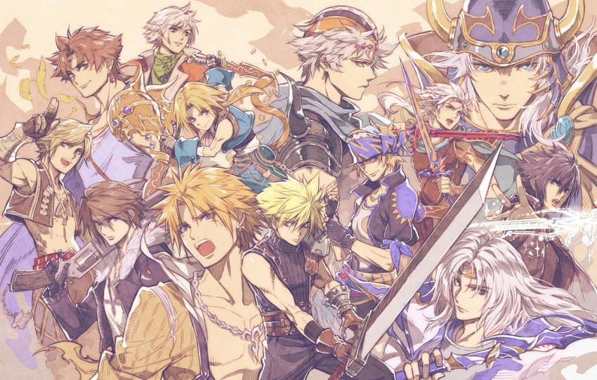 6+boys armor bandana bartz_klauser black_gloves black_hair black_jacket blonde_hair blue_eyes boots broken broken_weapon brown_eyes brown_hair buster_sword cape capelet cecil_harvey cloak cloud_strife commentary_request dagger dissidia_012_final_fantasy dissidia_final_fantasy double_blade dual_wielding earrings elbow_gloves engine_blade everyone eyes_visible_through_hair fighting_stance final_fantasy final_fantasy_i final_fantasy_ii final_fantasy_iii final_fantasy_iv final_fantasy_ix final_fantasy_v final_fantasy_vi final_fantasy_vii final_fantasy_viii final_fantasy_x final_fantasy_xii final_fantasy_xiii final_fantasy_xv fingerless_gloves firion flower freelancer gauntlets gloves green_eyes gun gunblade hair_between_eyes hair_ornament half_gloves hat headband helmet hirano_katsuyuki holding holding_sword holding_weapon hood hope_estheim horns huge_weapon jacket japanese_armor jewelry knife left-handed locke_cole long_hair looking_at_viewer luneth male_focus manly monkey_tail multiple_boys muscular necklace noctis_lucis_caelum onion_knight open_mouth over_shoulder oversized_object partially_fingerless_gloves pointing_melee_weapon pointing_sword ponytail ready_to_draw sheath shirt short_hair shoulder_armor simple_background single_fingerless_glove single_glove smile soldier spiked_hair squall_leonhart square_enix standing swallow_sword sword sword_over_shoulder tail thief thief_(final_fantasy) tidus two-handed upper_body vaan_(ff12) vest warrior_of_light_(ff1) weapon weapon_on_back weapon_over_shoulder white_hair zidane_tribal