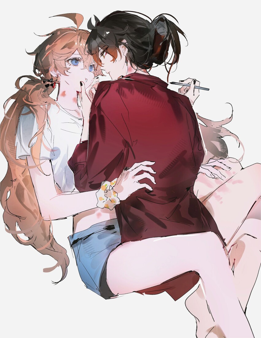 2girls absurdres alternate_costume alternate_hairstyle bare_legs genshin_impact grabbing_another&#039;s_chin hamtaru542899 hand_on_another&#039;s_chin hickey hickey_marks hickeys_on_neck highres long_hair mors_gn multiple_girls tartaglia_(genshin_impact) twitter updo white_background yuri zhongli_(genshin_impact)