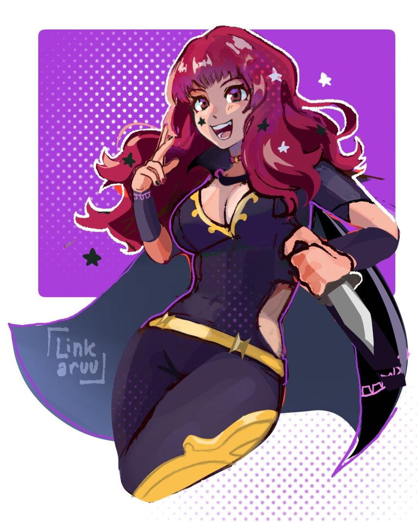 1girl belt black_cape bodysuit breasts cape choker cleavage clothing_cutout facial_mark fire_emblem fire_emblem_engage gold_belt hair_ornament highres holding holding_knife knife large_breasts linkaruu long_hair looking_at_viewer nintendo open_mouth pink_choker purple_bodysuit red_eyes red_hair side_cutout smile solo star_(symbol) star_facial_mark star_hair_ornament yellow_belt yunaka_(fire_emblem)
