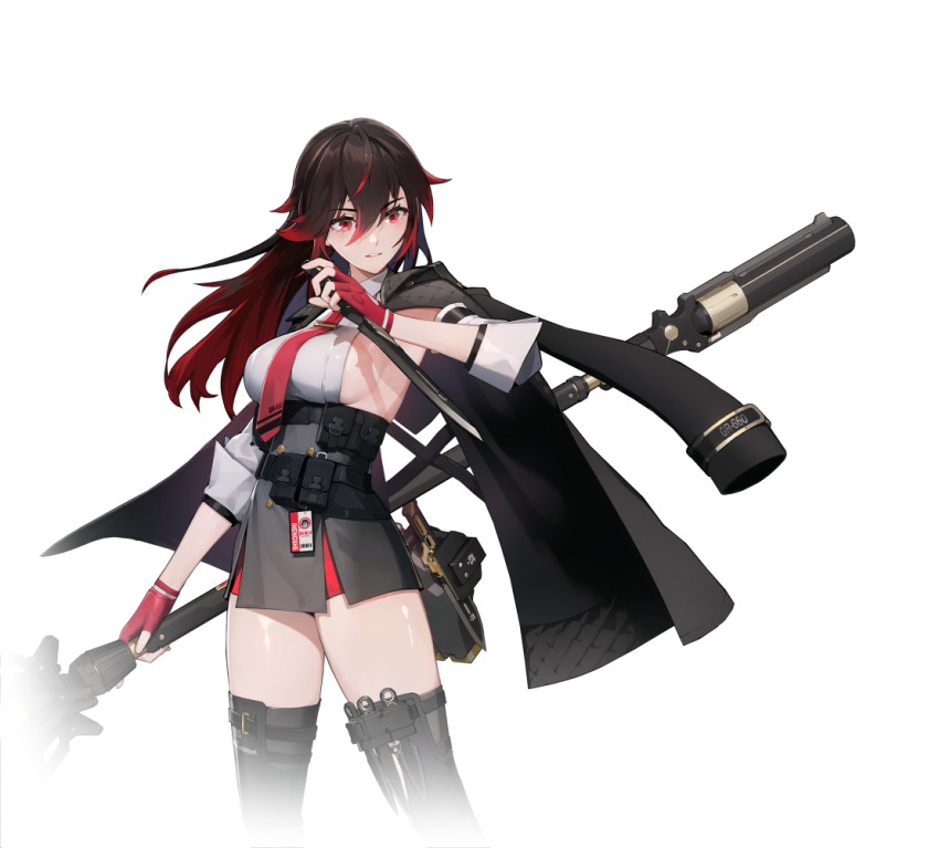 1girl belt belt_pouch black_hair black_skirt black_thighhighs breasts dagger detached_sleeves fingerless_gloves gloves gradient_hair hair_between_eyes holding holding_dagger holding_knife holding_polearm holding_weapon id_card jacket jacket_on_shoulders katerina_(starward) knife large_breasts long_hair medium_breasts multicolored_hair necktie official_art polearm pouch red_eyes red_gloves red_hair red_necktie reverse_grip scissors shirt sideboob simple_background skirt solo starward streaked_hair thigh_pouch thighhighs two-tone_hair weapon white_background white_shirt