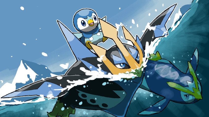 :d animal_focus blacknirrow blue_eyes blue_sky closed_mouth day empoleon evolutionary_line gen_4_pokemon highres mountain nintendo no_humans open_mouth outdoors outline piplup pokemon pokemon_(creature) pokemon_focus prinplup sky smile splashing swimming underwater white_outline