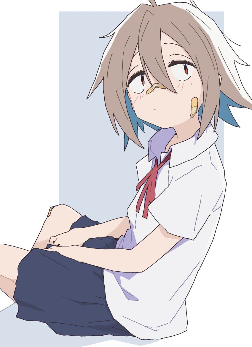 1girl absurdres bad_id bad_twitter_id bandaid bandaid_on_cheek bandaid_on_face bandaid_on_knee bandaid_on_leg bandaid_on_nose blue_hair blue_skirt brown_hair collared_shirt colored_inner_hair do_it_yourself!! expressionless hair_between_eyes hands_on_lap highres looking_at_viewer multicolored_hair red_eyes ri_6n shirt short_sleeves sitting skirt solo two-tone_hair white_shirt yua_serufu