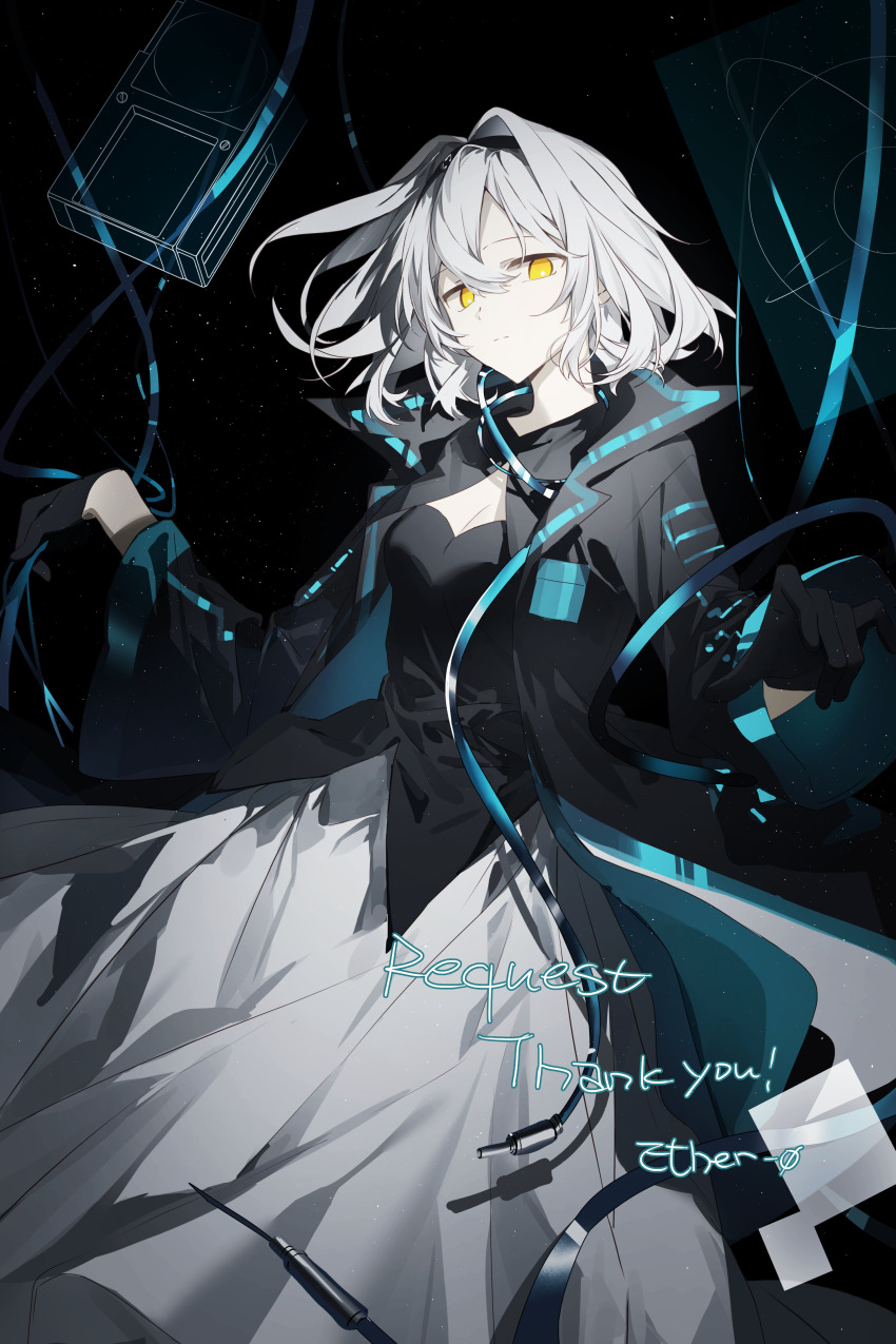 1girl absurdres audio_jack black_gloves black_jacket black_shirt blue_ribbon breasts bright_pupils cable cleavage closed_mouth commission feet_out_of_frame gloves grey_hair hair_between_eyes hair_intakes highres jacket long_sleeves looking_at_viewer maboroshi_(freeze000) medium_breasts open_clothes open_jacket original ribbon shirt short_hair skirt solo standing thank_you white_pupils white_skirt wide_sleeves yellow_eyes