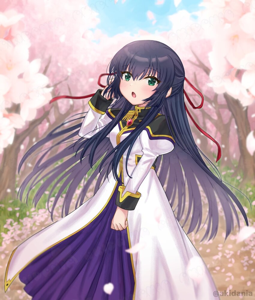 1girl :o angel_wing_uniform blue_hair cherry_blossoms dress from_side galaxy galaxy_angel green_eyes hair_between_eyes hair_ribbon hand_in_own_hair highres karasuma_chitose kitaru long_hair looking_at_viewer monocle monocle_chain outdoors purple_dress red_ribbon ribbon solo standing