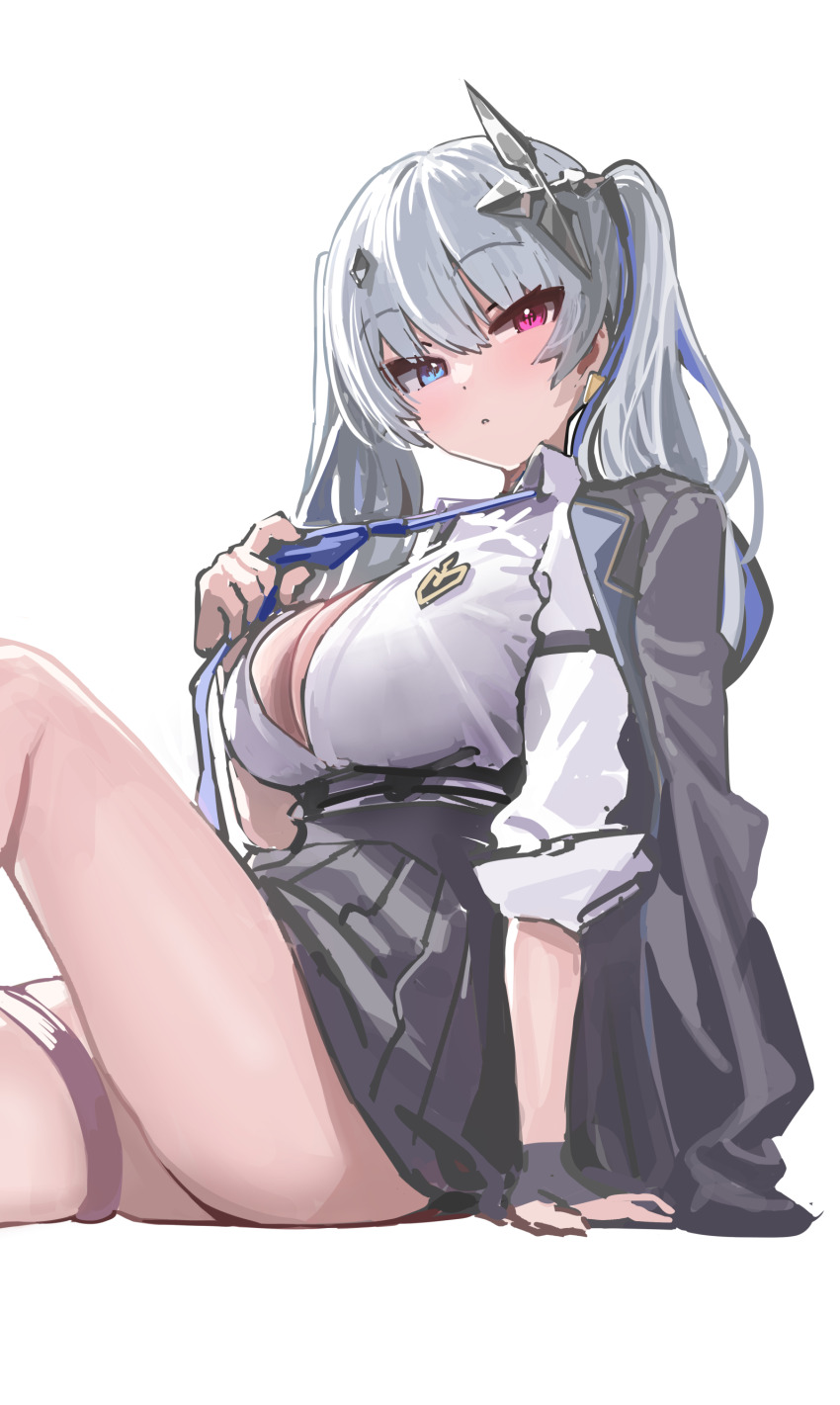 1girl absurdres arm_support blue_eyes blue_necktie blush breasts button_gap cleavage closed_mouth clothes_grab collared_shirt cross grey_hair grey_skirt heterochromia highres inverted_cross jacket jacket_on_shoulders jewelry kanzarin knee_up large_breasts miniskirt necktie necktie_grab neckwear_grab neo-porte open_clothes pink_eyes pleated_skirt shirt simple_background sitting skirt sleeves_rolled_up solo tentei_forte tentei_forte_(2nd_costume) thighs twintails underbust virtual_youtuber white_background white_shirt