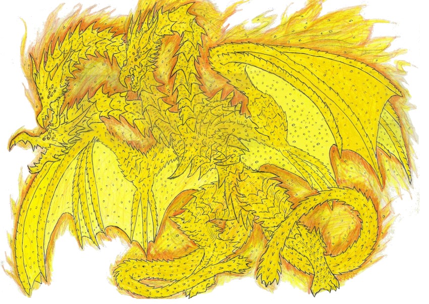 alien aura beastrider9 claws conjoined dragon dragon_horns electricity_elemental elemental_(creature) energy energy_being extra_eyes extradimensional_being fire fire_elemental glowing glowing_eyes godzilla:_the_planet_eater godzilla_(series) gold highres horns kaiju king_ghidorah light_elemental lightning_elemental monster multiple_heads no_humans open_mouth red_eyes scales sharp_teeth space_monster tail teeth tokusatsu wings