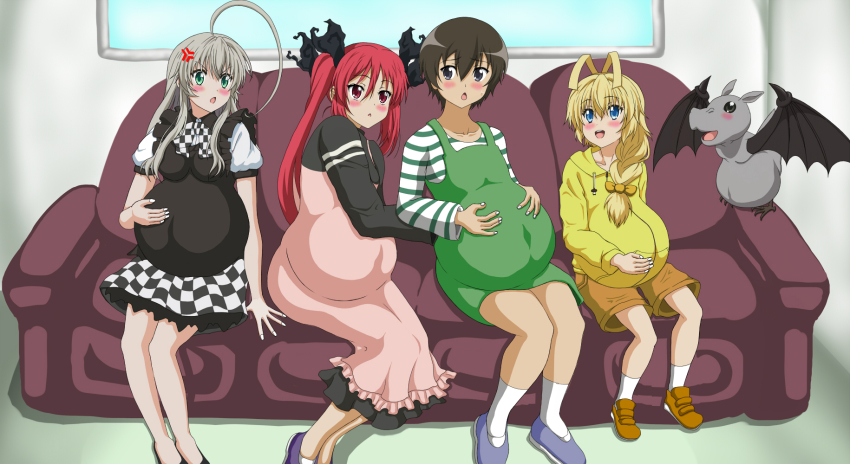 2boys 2girls ahoge anger_vein blonde_hair blush crossdressing cthugha_(nyaruko-san) dominia green_eyes haiyore!_nyaruko-san hastur_(nyaruko-san) highres huge_ahoge long_hair male_pregnancy multiple_boys multiple_girls nyarlathotep_(nyaruko-san) pregnant red_eyes red_hair shantak_(nyaruko-san) silver_hair smile trap yasaka_mahiro