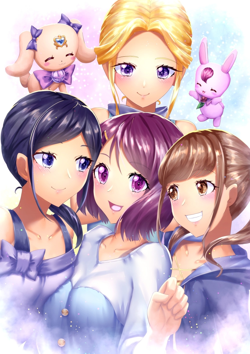 4girls :d ^_^ absurdres black_hair blonde_hair blue_eyes brown_eyes brown_hair closed_eyes closed_mouth collarbone curecycadura fuurin_asumi grin hanadera_nodoka healin&#039;_good_precure highres hiramitsu_hinata latte_(precure) long_hair lowleg lowleg_panties medium_hair multiple_girls open_mouth panties parted_bangs pink_eyes precure purple_eyes purple_hair rabirin_(precure) sawaizumi_chiyu short_hair_with_long_locks sidelocks smile swept_bangs twintails underwear upper_body