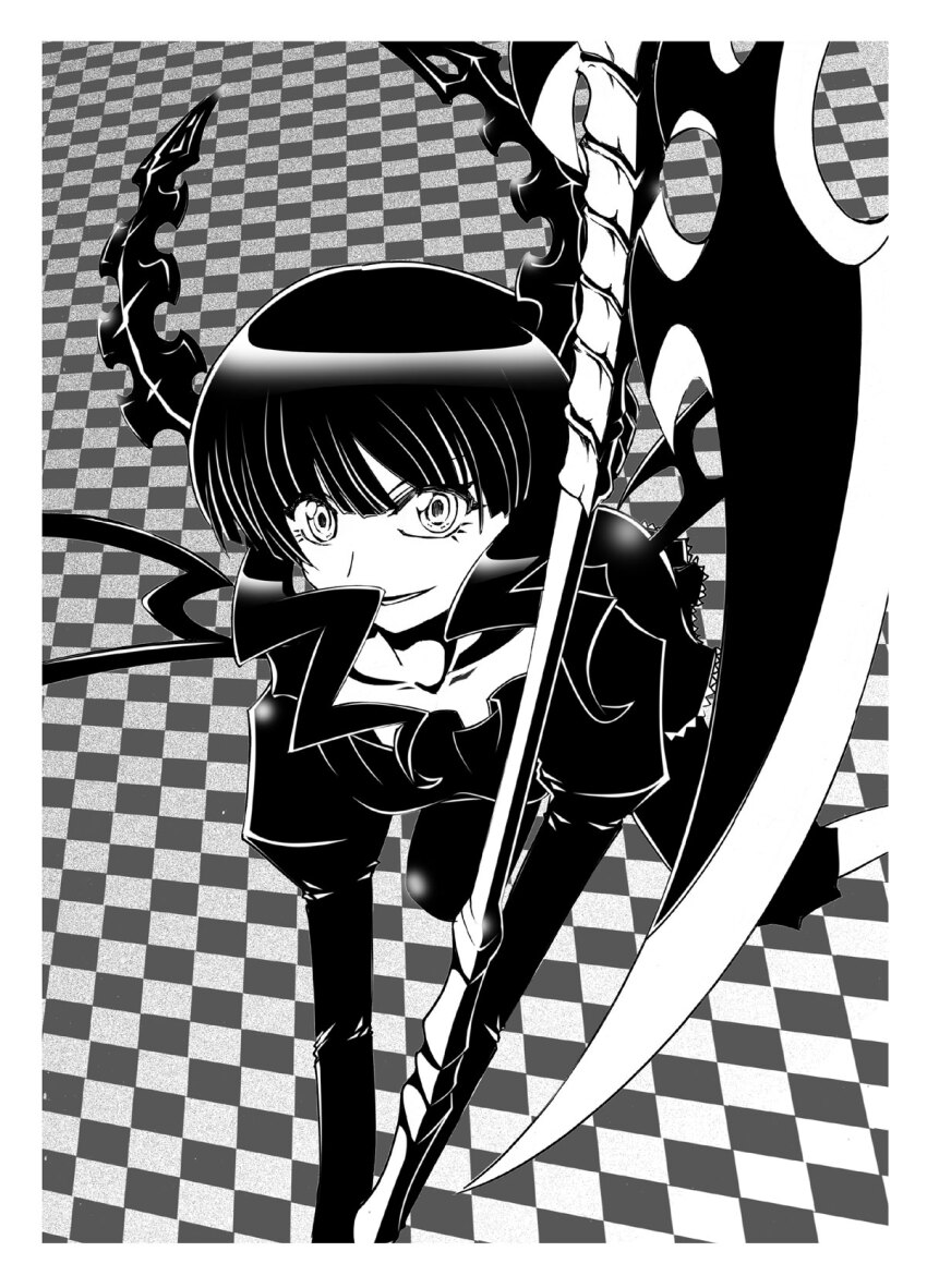 1girl black_dress black_horns black_rock_shooter dead_master dollmaster13 dress greyscale highres horns medium_hair monochrome scythe skeletal_wings solo wavy_hair wings