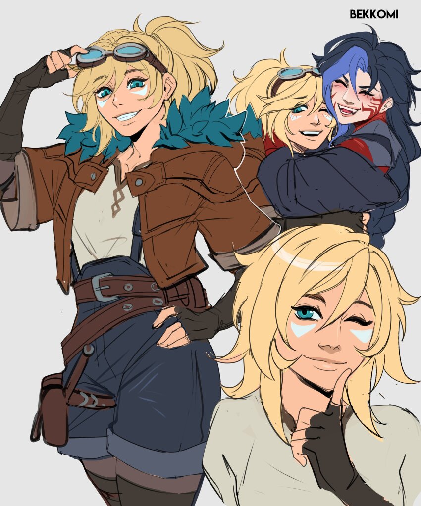 2girls :d absurdres artist_name bekkomi black_hair black_pantyhose blonde_hair blue_hair blush brown_bag brown_gloves brown_jacket ezreal fangs fingerless_gloves fur-trimmed_jacket fur_trim genderswap genderswap_(mtf) gloves goggles goggles_on_head grey_background grin hand_up highres hug jacket kayn_(league_of_legends) league_of_legends long_hair long_sleeves multiple_girls open_clothes open_jacket open_mouth pantyhose ponytail pouch shorts simple_background smile suspender_shorts suspenders teeth