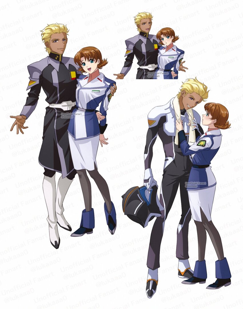 1boy 1girl blonde_hair blush brown_hair couple dark-skinned_male dark_skin dearka_elsman gundam gundam_seed gundam_seed_freedom helmet highres holding holding_helmet jacket long_sleeves lukaaa mecha_pilot_suit military military_uniform miriallia_haw normal_suit_(gundam) open_mouth parted_bangs pilot_suit shirt short_hair simple_background smile space_helmet swept_bangs thighhighs unworn_headwear unworn_helmet zaft_uniform