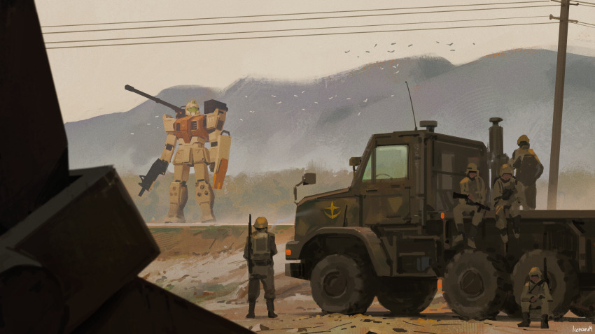 5boys absurdres arm_shield artist_name assault_visor black_footwear boots combat_helmet commentary day desert earth_federation english_commentary flatbed_truck green_jacket green_pants ground_gm gun gundam gundam_08th_ms_team helmet highres holding holding_gun holding_weapon icemarv14 jacket mecha military missile_pod mobile_suit motor_vehicle mountain multiple_boys outdoors pants power_lines radio_antenna robot science_fiction shoulder_cannon sitting soldier standing truck utility_pole weapon