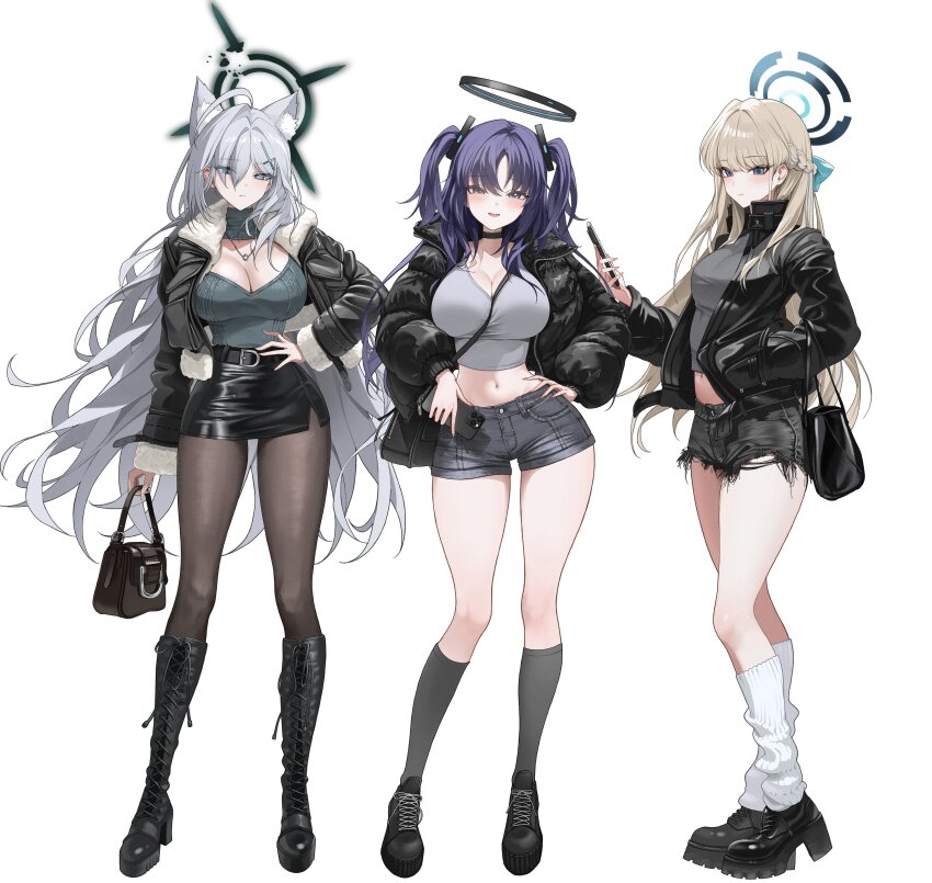 4girls 4meart0112 absurdres alternate_costume animal_ear_fluff animal_ears bag between_breasts black_bag black_boots black_choker black_halo black_jacket black_pantyhose black_shoes black_shorts black_skirt black_socks blonde_hair blue_archive blue_bow blue_eyes blue_halo blush boots bow braid breasts broken_halo buttons casual cellphone choker cleavage closed_mouth commentary_request crop_top cropped_shirt cross_hair_ornament fingernails from_side full_body grey_eyes grey_hair grey_shirt hair_between_eyes hair_bow hair_ornament half_up_braid halo hand_in_pocket hand_on_own_hip handbag heterochromia high_heel_boots high_heels highres holding holding_bag holding_phone jacket knee_boots kneehighs large_breasts leather leather_jacket leg_warmers legs long_hair long_sleeves looking_at_viewer mechanical_halo midriff multiple_girls navel open_clothes open_jacket open_mouth pantyhose parted_bangs phone purple_eyes purple_hair shiroko_terror_(blue_archive) shirt shoes short_shorts shorts shoulder_bag simple_background skirt smartphone smile socks standing straight-on strap_between_breasts thighs toki_(blue_archive) two_side_up unzipped very_long_hair white_background white_leg_warmers wolf_ears yuuka_(blue_archive)