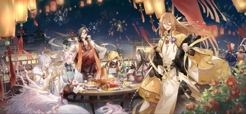 6+boys :d aerial_fireworks ahoge alcohol architecture armor bangle black_blindfold black_hair black_ribbon blindfold blonde_hair blurry blurry_foreground blush blush_stickers boned_meat bowl bracelet braid braided_ponytail brown_hair buddha&#039;s_temptation_(the_tale_of_food) building bush camellia cat changpao chest_tattoo chinese_clothes chopsticks clenched_teeth clipboard closed_eyes closed_mouth closed_umbrella collarbone collared_jacket crab-roe_soup_bun_(the_tale_of_food) crab_in_orange_(the_tale_of_food) crossed_arms cup dragon drunk e_(h798602056) east_asian_architecture eastern_dragon expressionless fingerless_gloves fireworks fish_(food) floating_hair flower flower_knot flute folding_fan food food_request fur_trim gauntlets gloves green_eyes grey_eyes grin hair_between_eyes hair_bun hair_ornament hair_stick half_updo hand_fan hands_up hanfu heterochromia highres holding holding_clipboard holding_cup holding_fan holding_instrument holding_umbrella hood hood_up hotpot instrument jacket jacket_on_shoulders jewelry lantern lettuce lianhua_blood_duck_(the_tale_of_food) long_bangs long_hair long_sleeves longjing_shrimp_(the_tale_of_food) looking_at_another looking_at_viewer looking_to_the_side lu_wu_(the_tale_of_food) male_focus mandarin_collar meat multicolored_hair multiple_boys mushroom music night night_sky oil-paper_umbrella open_mouth outdoors paper paper_lantern parted_bangs pauldrons pink_hair playing_flute playing_instrument purple_flower railing red_eyes red_flower red_umbrella ribbon robe shiitake short_hair shoulder_armor shrimp shrimp_tempura sidelocks single_braid single_hair_bun single_pauldron sitting sky smile standing steam stinky_perch_(the_tale_of_food) table tangzhuang tassel tattoo teeth tempura the_tale_of_food tower_of_delicacy_(the_tale_of_food) turtleneck tusu_elixir_(the_tale_of_food) two-tone_hair umbrella upper_teeth_only v-shaped_eyebrows very_long_hair white_gloves white_hair white_jacket white_robe wide_sleeves wine wing_collar yellow_ribbon