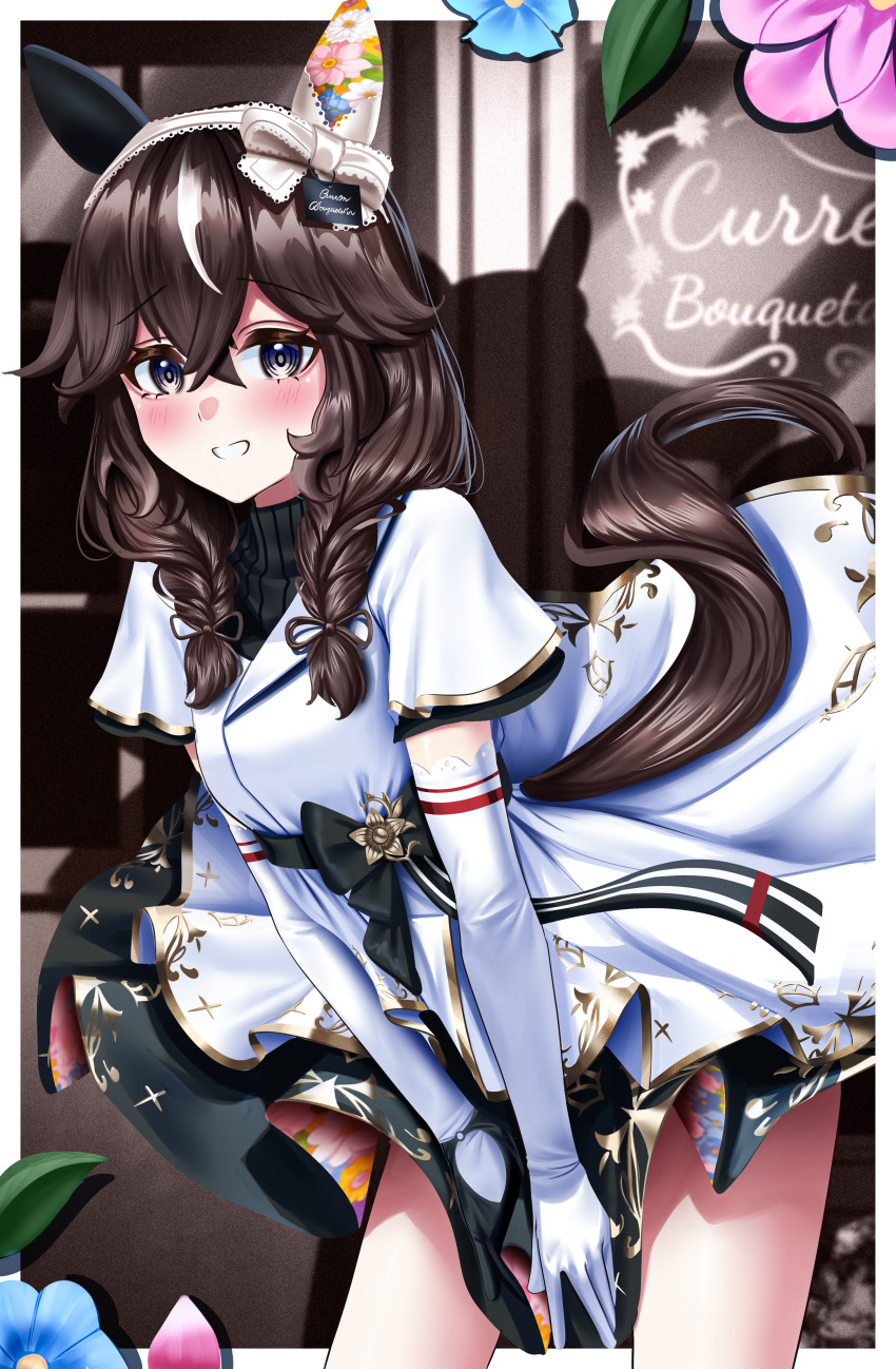1girl absurdres animal_ears blush braid breasts brown_hair curren_bouquetd&#039;or_(umamusume) elbow_gloves flower gloves grin hair_between_eyes hair_ornament hairband highres horse_ears horse_girl horse_tail long_hair looking_at_viewer low_twin_braids manjo_(warito) ribbon small_breasts smile solo tail thighs twin_braids umamusume
