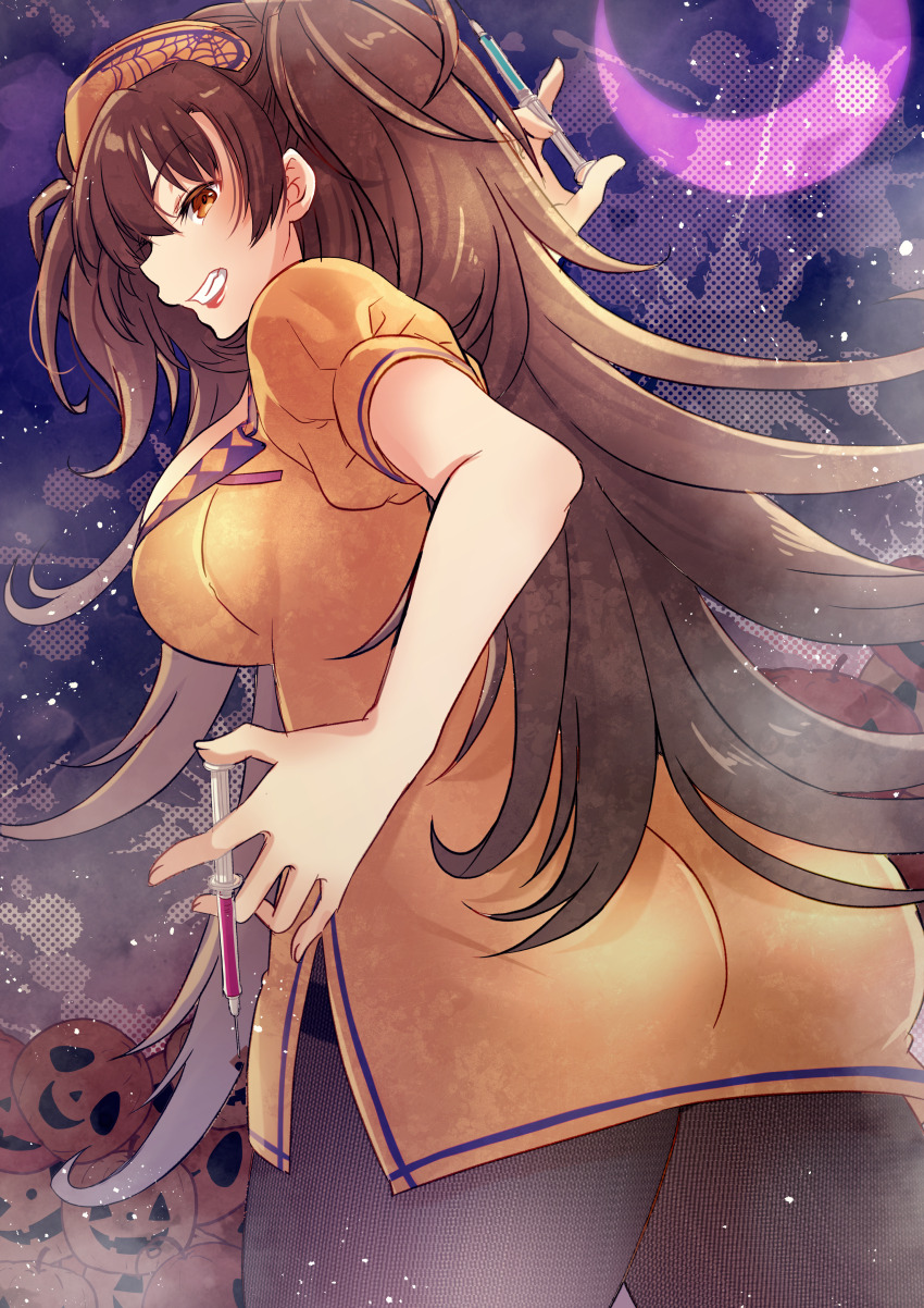 1girl absurdres breasts brown_hair dr._arach highres holding holding_syringe large_breasts looking_at_viewer moon non-web_source nurse orange_vest pantyhose pumpkin shimotsukishin smile smug syringe tsukihime tsukihime_(remake) vest yellow_eyes