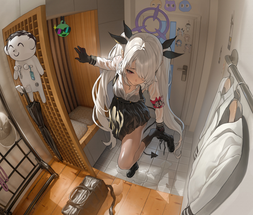1boy 1girl absurdres black_boots black_bra black_gloves black_ribbon black_skirt blue_archive boots bra bra_visible_through_clothes dark-skinned_female dark_skin demon_girl demon_tail doodle_sensei_(blue_archive) gloves guanglong_xiushan hair_over_one_eye hair_ribbon highres indoors iori_(blue_archive) long_hair pointy_ears red_eyes removing_shoes ribbon sensei_(blue_archive) shirt sidelocks skirt tail twintails underwear wet wet_clothes wet_shirt
