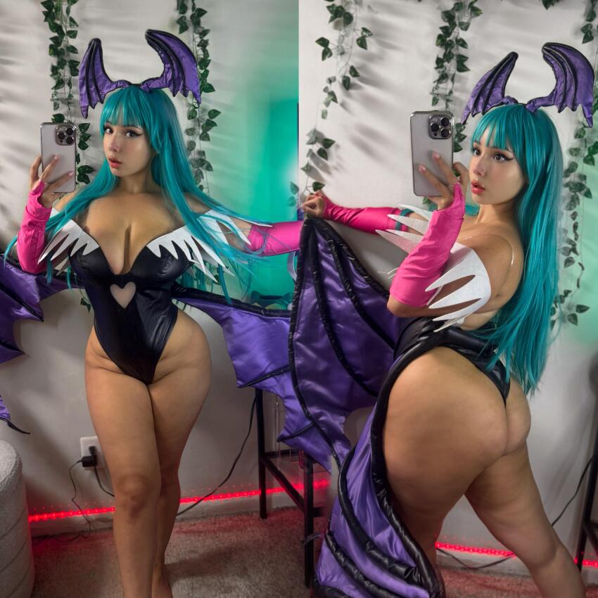 1girl absurdres ass black_leotard breasts capcom cellphone chanelflores_(cosplayer) cleavage cosplay darkstalkers fake_head_wings fake_wings female_focus green_hair head_wings highres huge_ass huge_breasts large_breasts leotard long_hair looking_at_viewer morrigan_aensland morrigan_aensland_(cosplay) multiple_views phone real_life selfie smartphone thick_thighs thighs wings