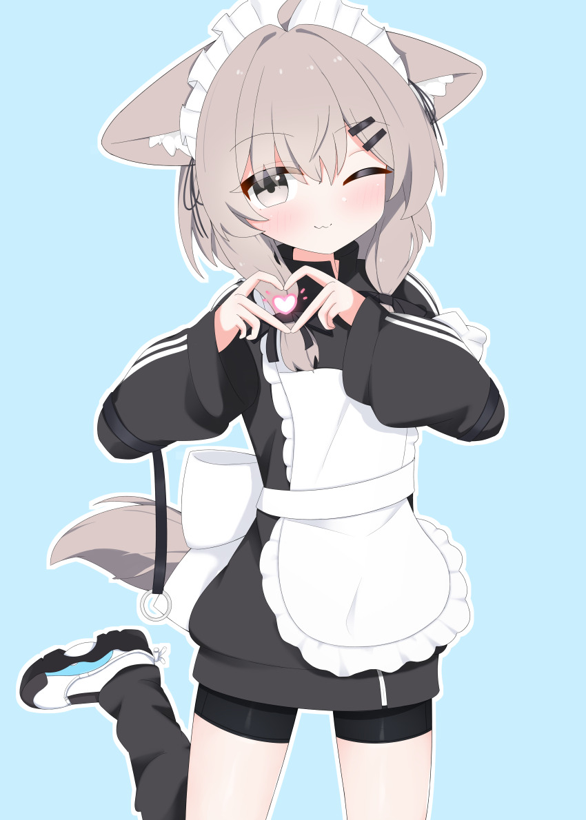 1girl :3 ;) ;3 absurdres ahoge alternate_costume animal_ear_fluff animal_ears apron bike_shorts black_jacket black_shoes black_shorts black_socks blue_background blush borrowed_character bow braid brown_eyes brown_hair closed_mouth dog_girl enmaided fang fang_out frilled_apron frills grey_eyes grey_hair gym_shorts hair_between_eyes hair_ornament hair_over_shoulder hairclip hands_up heart heart_hands highres jacket kneehighs leg_up long_hair long_sleeves looking_at_viewer loose_socks low_twintails mafuyu_(vrchat) maid maid_apron maid_headdress one_eye_closed outline puffy_long_sleeves puffy_sleeves shoe_soles shoes short_shorts shorts simple_background sleeves_past_wrists smile sneakers socks solo standing standing_on_one_leg strap_slip tail track_jacket twintails type_ii unconventional_maid uwabaki vrchat white_apron white_bow white_outline white_shoes wide_sleeves wolf_ears wolf_girl wolf_tail
