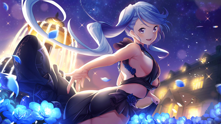 1girl above_clouds aerial_fireworks ass astronaut aurora backless_dress backless_outfit balcony bare_shoulders black_dress black_flower black_rose blue_bow blue_dress blue_flower blue_hair blue_ribbon blue_rose blush bouquet bow breasts bridget_(deep_one) building campfire christmas_lights city city_lights cityscape cloud constellation constellation_print crescent_moon deep_one_kyomu_to_mugen_no_fragment desert diffraction_spikes dress dusk dust earth_(planet) evening_gown ferris_wheel field fireflies fireworks floral_print flower flower_field fountain full_moon galaxy gintarou_(kurousagi108) globe gradient_sky halftone halter_dress halterneck horizon hydrangea jewelry lamppost light_particles lighthouse lingerie long_hair looking_at_viewer milky_way moon moonlight night night_sky non-web_source open_mouth outstretched_hand petals pink_flower pink_rose planet print_headwear purple_eyes purple_flower purple_rose purple_sky rainbow red_moon ribbon rose rose_petals rose_print shooting_star sideboob sky skyline skyscraper sleeveless sleeveless_dress smile snow snowing solo space sparkle sparkle_background sparkler stage_lights star_(sky) star_(symbol) starry_sky starry_sky_print summer_festival sunrise sunset tanabata tower town twilight ufo underwear very_long_hair white_flower white_rose window yellow_flower yellow_rose