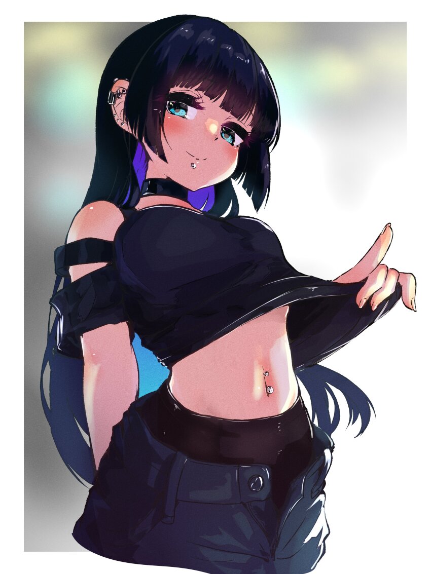 1girl absurdres aqua_eyes arm_at_side black_choker black_hair black_shirt blue_pants blunt_bangs blurry blurry_background blush bocchi_the_rock! choker closed_mouth clothes_lift clothing_cutout colored_inner_hair cropped_torso ear_piercing face_piercing goth_fashion grey_background highres labret_piercing lifting_own_clothes lip_piercing looking_at_viewer megateru multi-strapped_shirt multicolored_hair navel navel_piercing open_fly outline pa-san pants piercing shirt shirt_lift short_sleeves shoulder_cutout sidelocks smile solo white_outline