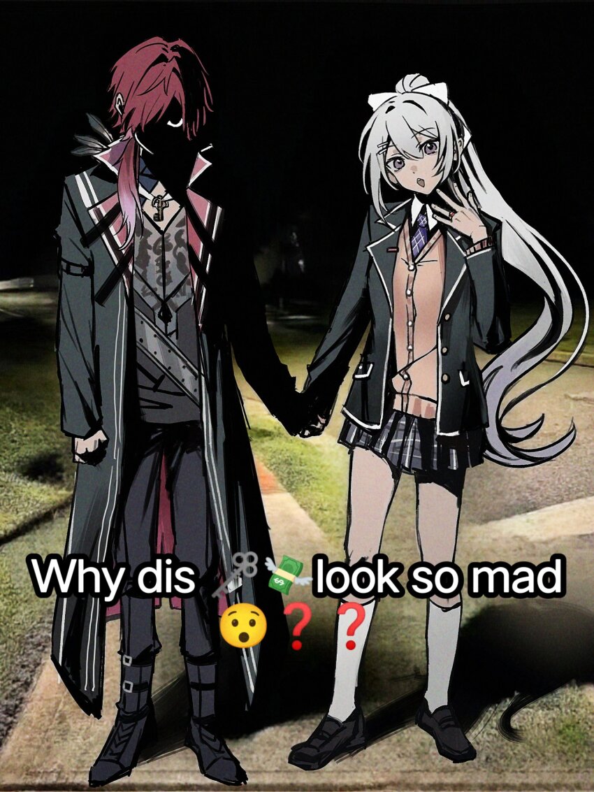 1boy 1girl emoji english_text eyes_in_shadow face_in_shadow grey_hair happyceleryisme highres higuchi_kaede higuchi_kaede_(1st_costume) holding_hands jacket lauren_iroas lauren_iroas_(1st_costume) long_hair meme night nijisanji outdoors ponytail purple_eyes red_hair school_uniform shaded_face side-by-side sidewalk virtual_youtuber why_dis_ninja_look_so_mad_(meme)