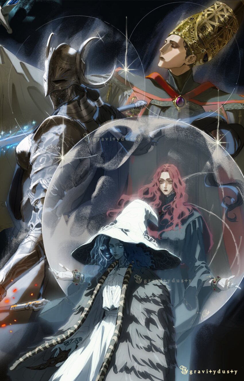 3girls armor artist_name black_hair blue_eyes blue_robe blue_skin blue_surcoat cape chest_jewel cloak closed_eyes colored_skin commentary conical_hat couter elden_ring elden_ring:_shadow_of_the_erdtree english_commentary extra_arms extra_faces fake_horns full_armor fur_cape fur_cloak gravitydusty hat helmet highres horned_helmet horns large_hat moon multiple_girls pale_skin plate_armor pointy_hat ranni_the_witch red_hair rellana_twin_moon_knight rennala_queen_of_the_full_moon robe tall_hat witch witch_hat