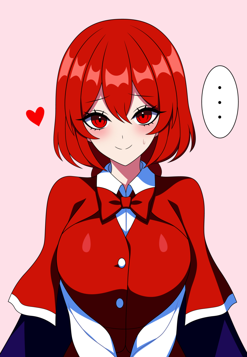 ... 1girl absurdres bow bowtie breasts capelet collared_shirt double-parted_bangs hair_between_eyes heart highres light_blush looking_at_viewer medium_breasts okazaki_yumemi pink_background red_bow red_bowtie red_capelet red_eyes red_hair shirt short_hair smile ssaf_seibeupail touhou upper_body