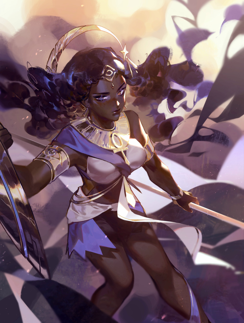 1girl alternate_hair_length alternate_hairstyle alternate_skin_color ankh armlet black_hair candace_(genshin_impact) dark-skinned_female dark_skin earrings elodeas forehead_jewel genshin_impact hair_ornament heterochromia highres jewelry long_hair purple_eyes redesign solo very_dark_skin yellow_eyes