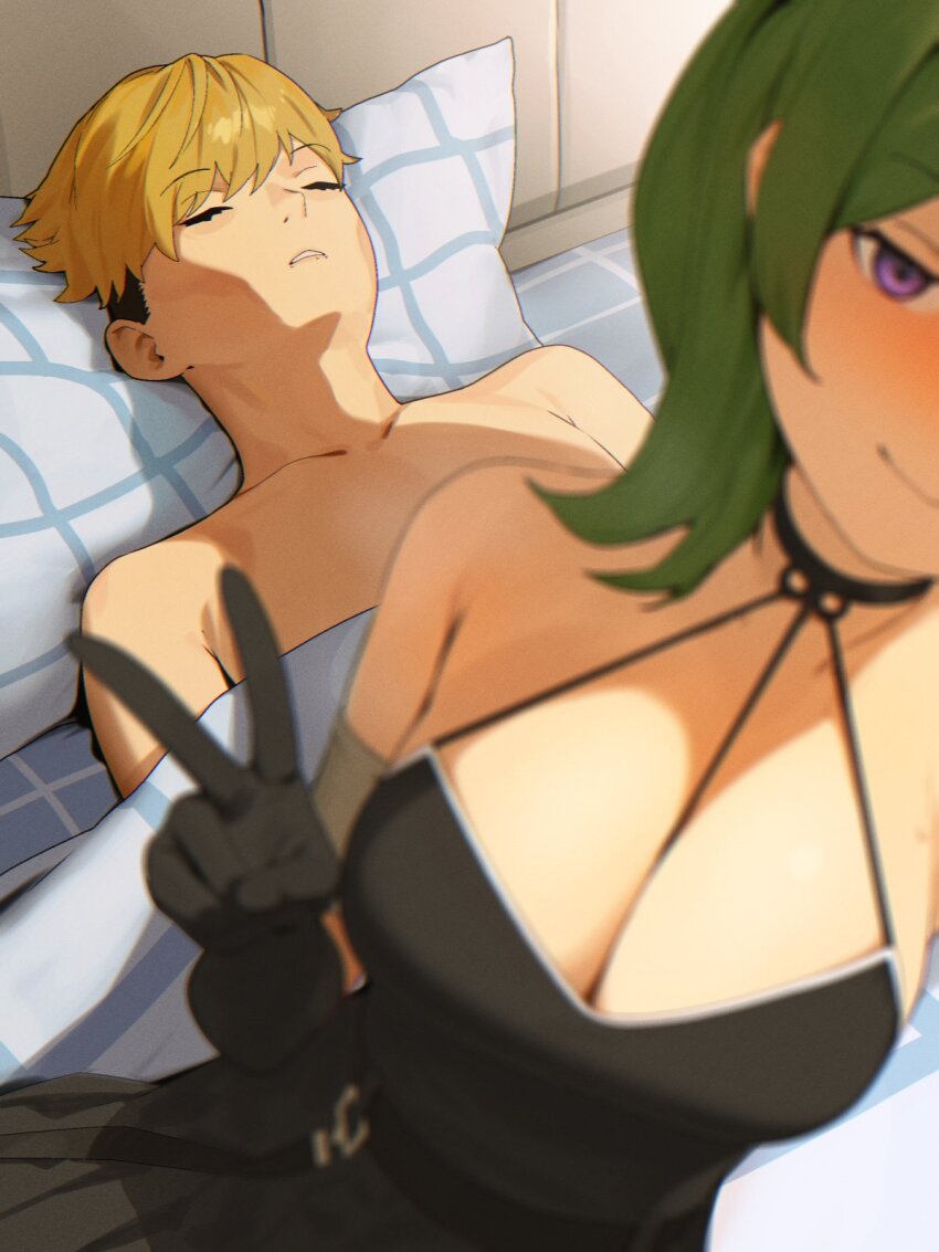1boy 1girl black_choker black_dress black_gloves blonde_hair blush breasts choker cleavage closed_eyes clothed_female_nude_male cushion dress elbow_gloves gloves green_hair guy_tired_after_sex_(meme) highres implied_after_sex land_(sousou_no_frieren) large_breasts meme nude parted_lips purple_eyes rotogaki side_ponytail sitting sleeping smile sousou_no_frieren strapless strapless_dress ubel_(sousou_no_frieren) v