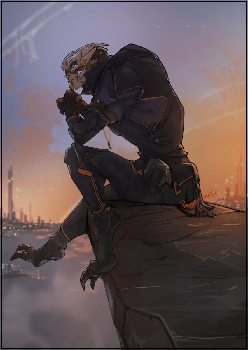 1boy alien cityscape clawed_feet clawed_hands closed_mouth commentary dated dog_tags english_commentary full_body garrus_vakarian green_eyes highres knee_up male_focus mass_effect_(series) own_hands_clasped own_hands_together palavenmoons profile sitting sky smile solo turian twitter_username wavy_mouth