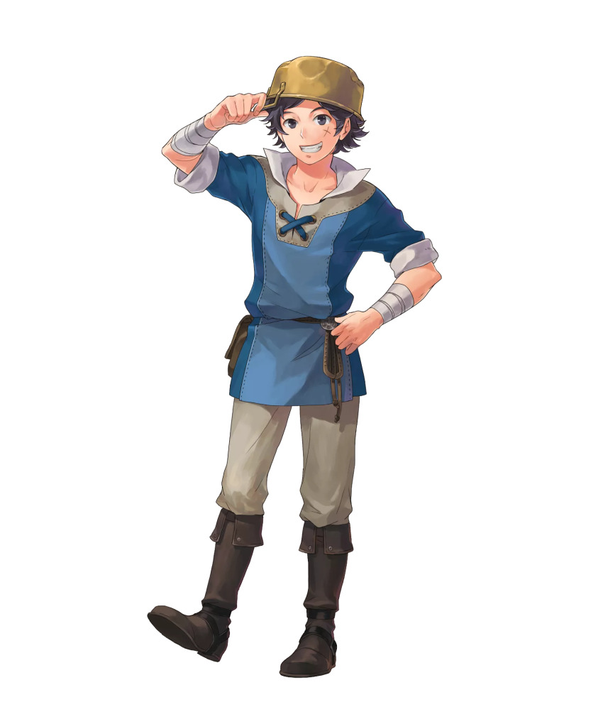 1boy bandaged_wrist bandages black_eyes black_hair blue_shirt boots brown_footwear cross-laced_clothes cross-laced_top cross_scar donnel_(fire_emblem) fire_emblem fire_emblem_awakening fire_emblem_heroes highres leather leather_boots nintendo official_art okaya_mrh pants pot_on_head scar scar_on_face shirt sleeves_rolled_up third-party_source transparent_background