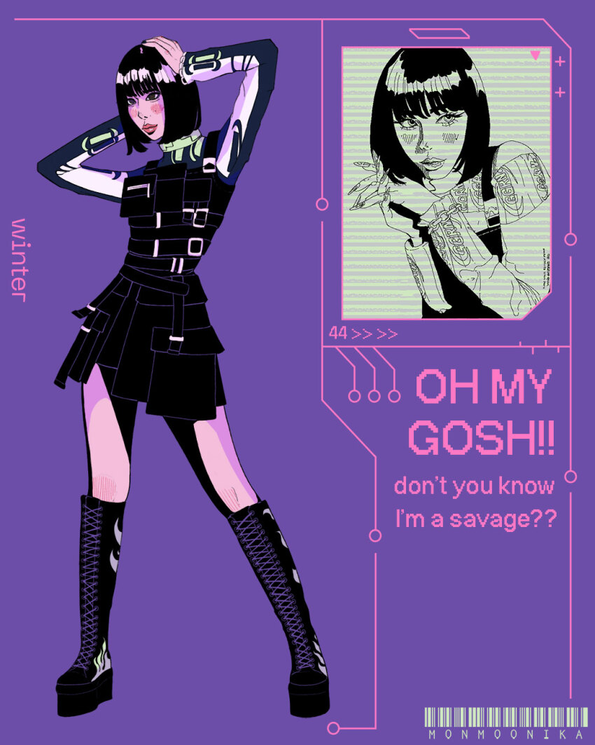 1girl aespa artist_name_(singer) black_boots black_hair blush bob_cut boots closed_mouth commentary fingernails full_body hands_on_own_head highres k-pop long_fingernails long_sleeves monmoonika multiple_views pink_lips purple_background real_life simple_background solo thigh_boots winter_(aespa)